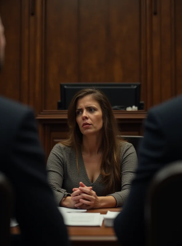 A somber courtroom scene with lawyers and a defendant