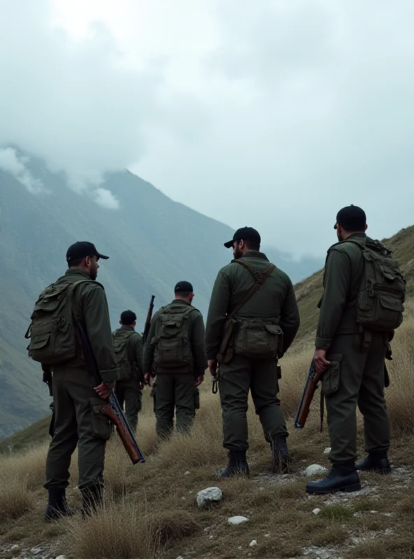 A group of Kurdish fighters in the mountains, holding rifles