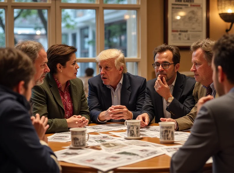 A group of people discussing politics at a table.