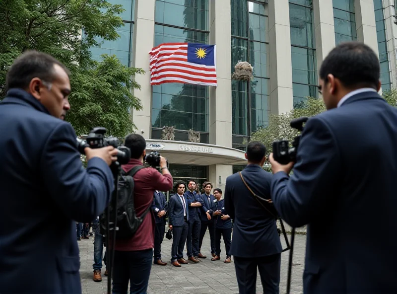 Scene outside a courthouse in Kuala Lumpur, with reporters and concerned citizens gathered, representing the legal proceedings related to the Sentul case.