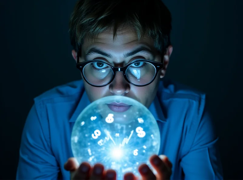 A person looking at a crystal ball with various financial charts inside.