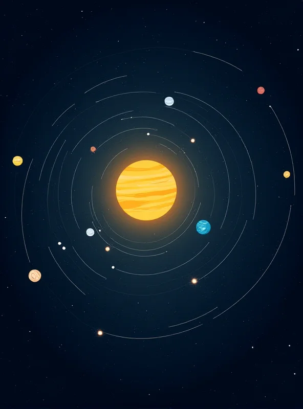 Illustration of the solar system, showing the planets orbiting the sun. The planets are not aligned in a straight line, but are scattered along their respective orbits.