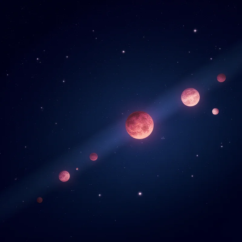 Close-up artistic rendering of several planets visible against a dark, star-filled sky. The planets are different sizes and colors, and some have visible moons.