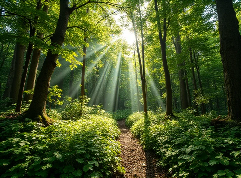 A diverse forest with various tree species and sunlight filtering through the leaves.