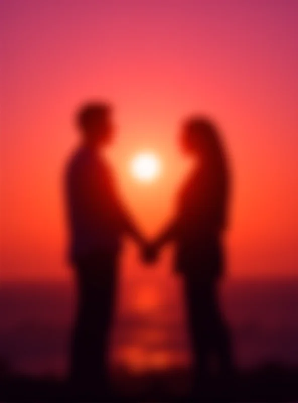 Two silhouettes of people holding hands at sunset, representing a romantic relationship.