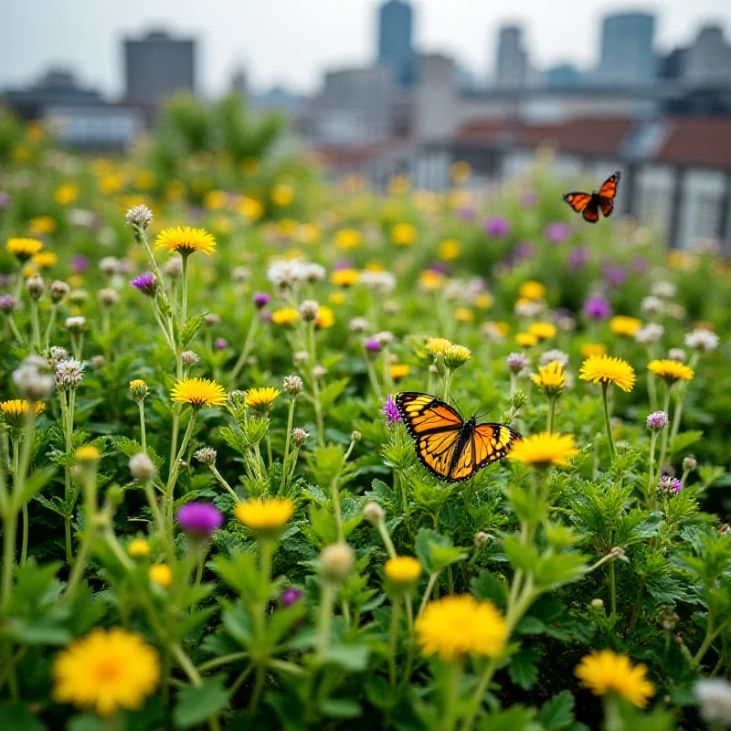 A vibrant green rooftop garden in Basel, Switzerland, with a variety of plants, flowers, and insects.