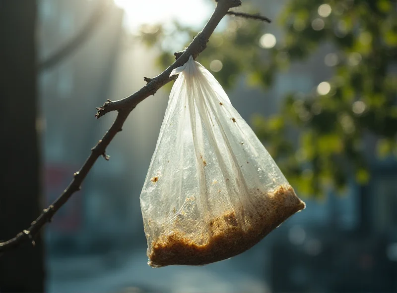 Close-up of a discarded plastic bag caught in a tree branch in New York City.