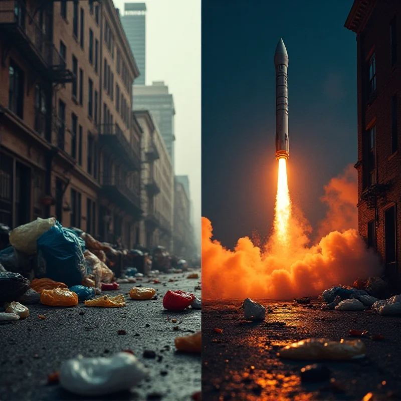 A split image. On the left, a polluted street in NYC littered with plastic bags. On the right, a Blue Origin rocket launch. The two images are connected by a thin line, symbolizing the connection between environmental issues and corporate PR.