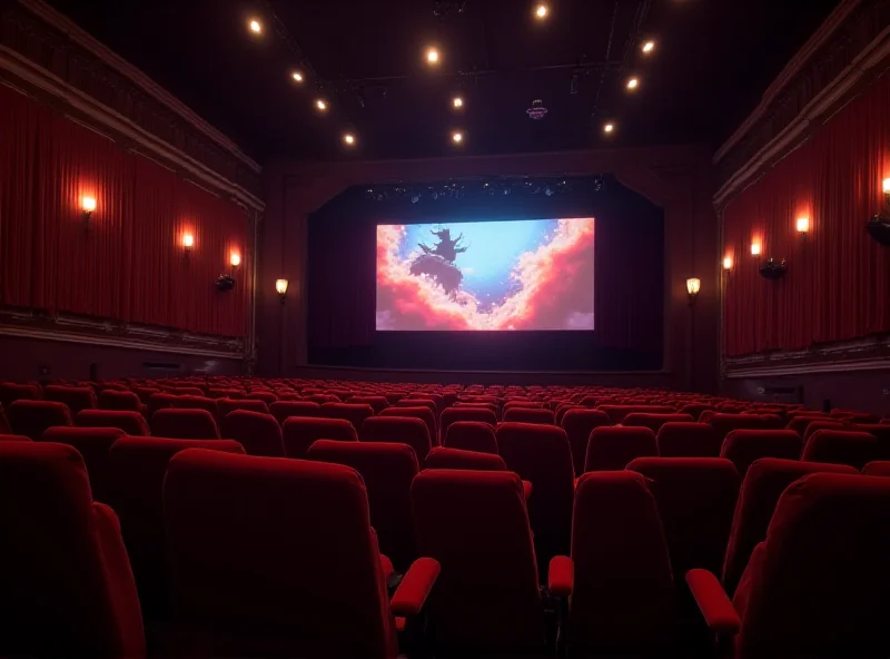 A movie theater with a large screen and comfortable seats