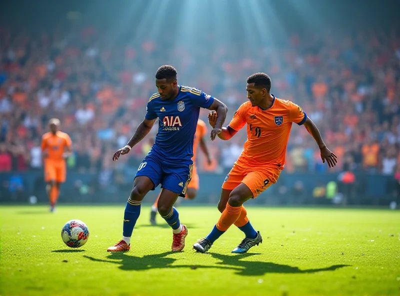 A vibrant football match with players in action, highlighting the fast-paced nature of the game. The stadium is filled with cheering fans, and the focus is on the ball being contested between two players.