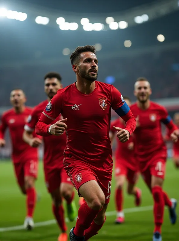 Detailed image of a football player celebrating a goal during a cup match, with a determined expression on their face. The background shows blurred action of other players and the stadium lights.