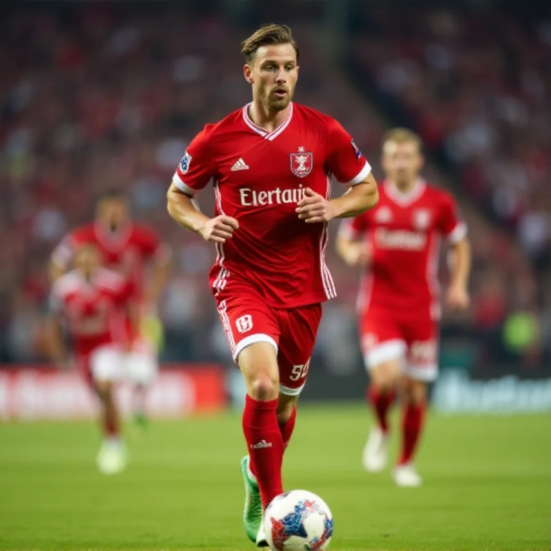 A determined Plzeň football player running with the ball during a match, with a blurred background showing the stadium and other players.