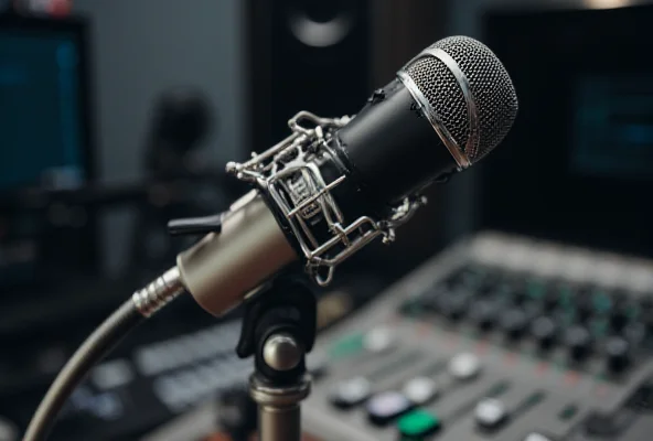 A radio microphone on a sound mixing board in a studio.