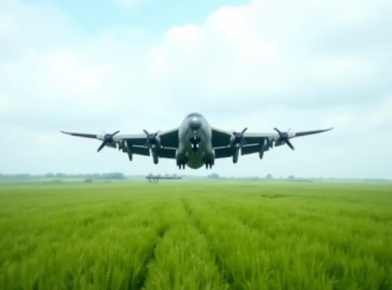 A British military transport plane flying over a field.