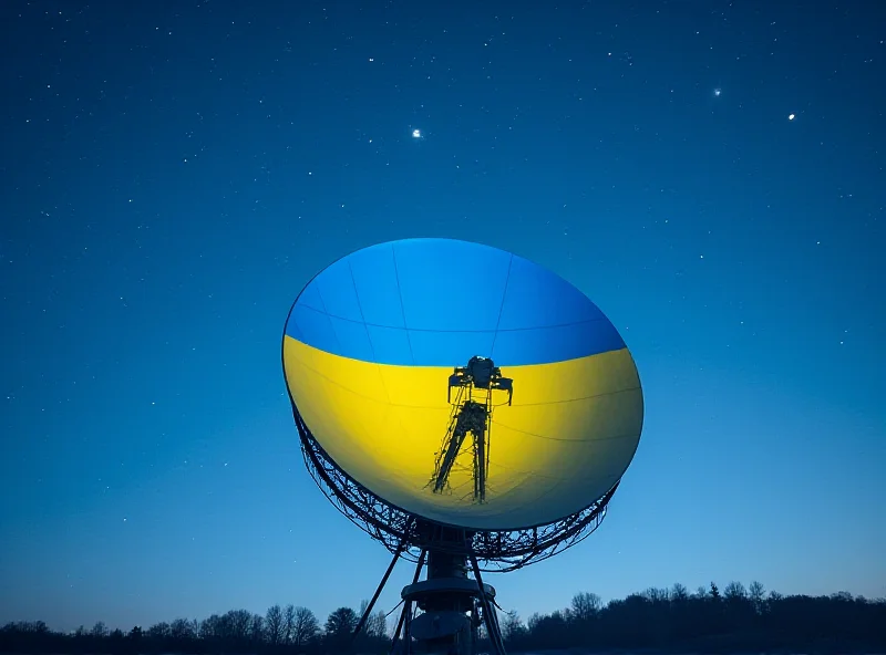 A satellite dish with the Ukrainian flag projected onto it, against a backdrop of a clear night sky filled with stars.