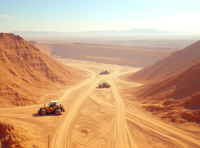 A vast, open-pit mine in a desert landscape. Heavy machinery is visible, and the earth is scarred with tracks and excavations.