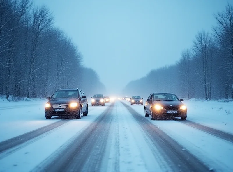 Snow-covered road with cars driving cautiously in winter conditions