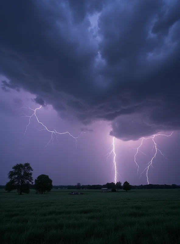 A dramatic image of dark storm clouds gathering over a Polish landscape with distant fields and trees.