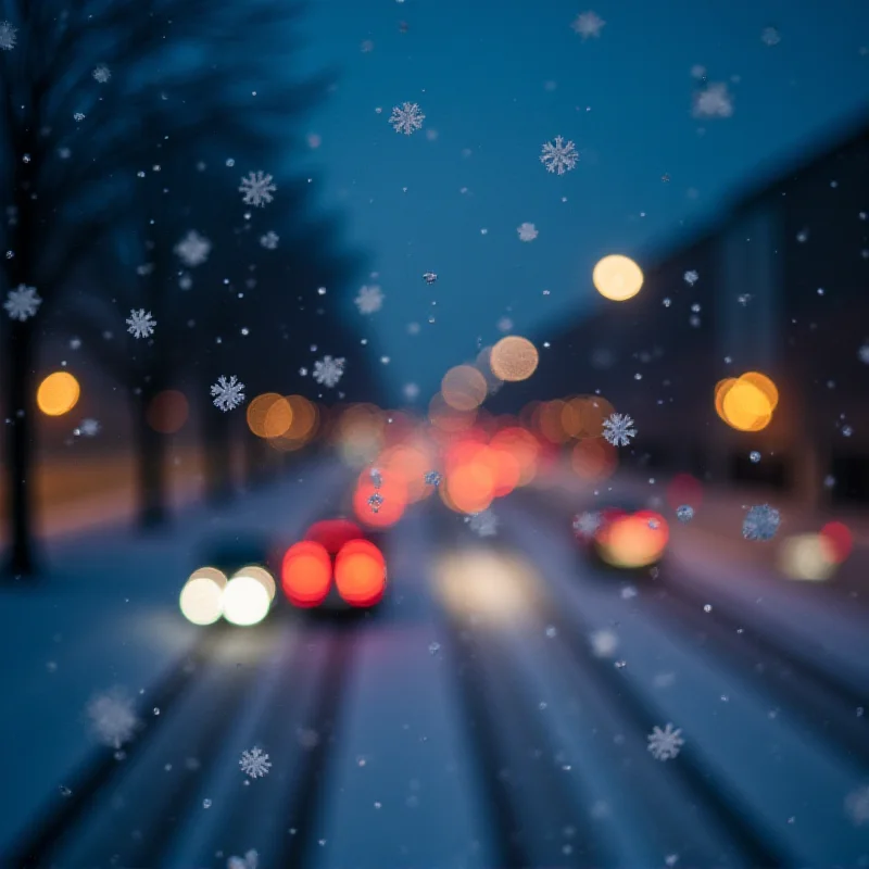 Close-up shot of snowflakes falling, with a blurred background of city lights during a winter night in Poland.