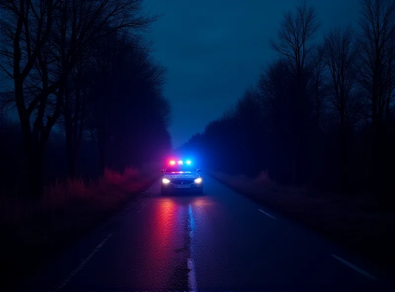 Polish police car on a road at dusk.