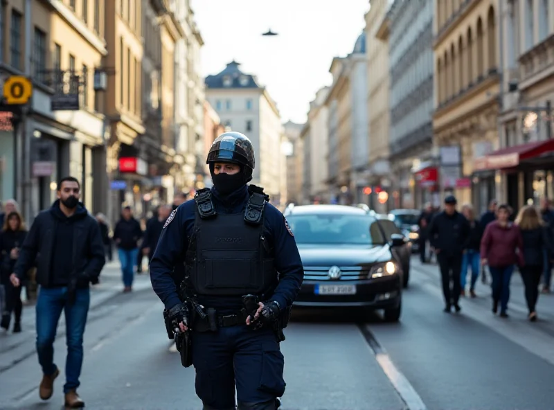 A busy street scene in Warsaw, Poland, with police officers visible in the background.