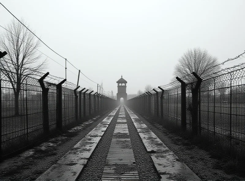 A somber memorial site at Auschwitz-Birkenau, with barbed wire fences and watchtowers visible under a cloudy sky.