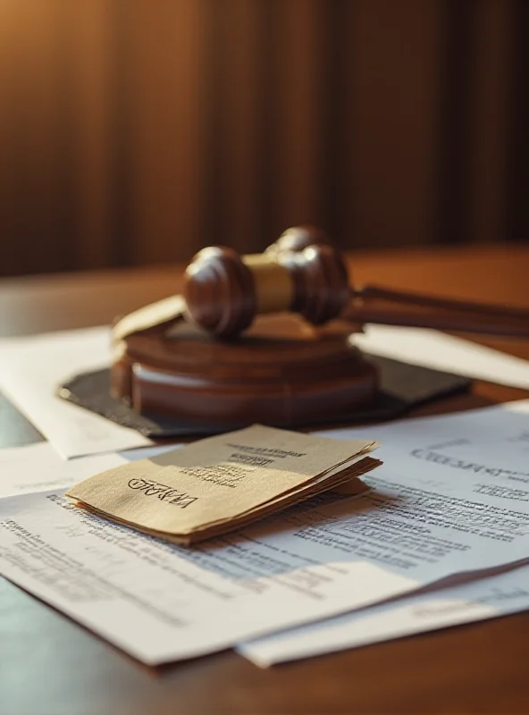 A courtroom scene with a gavel resting on a sound block and legal documents scattered around.