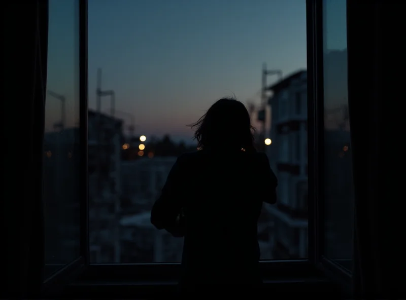 A concerned parent looking out a window, searching for their missing child. The scene is set during dusk, with a sense of urgency and worry.