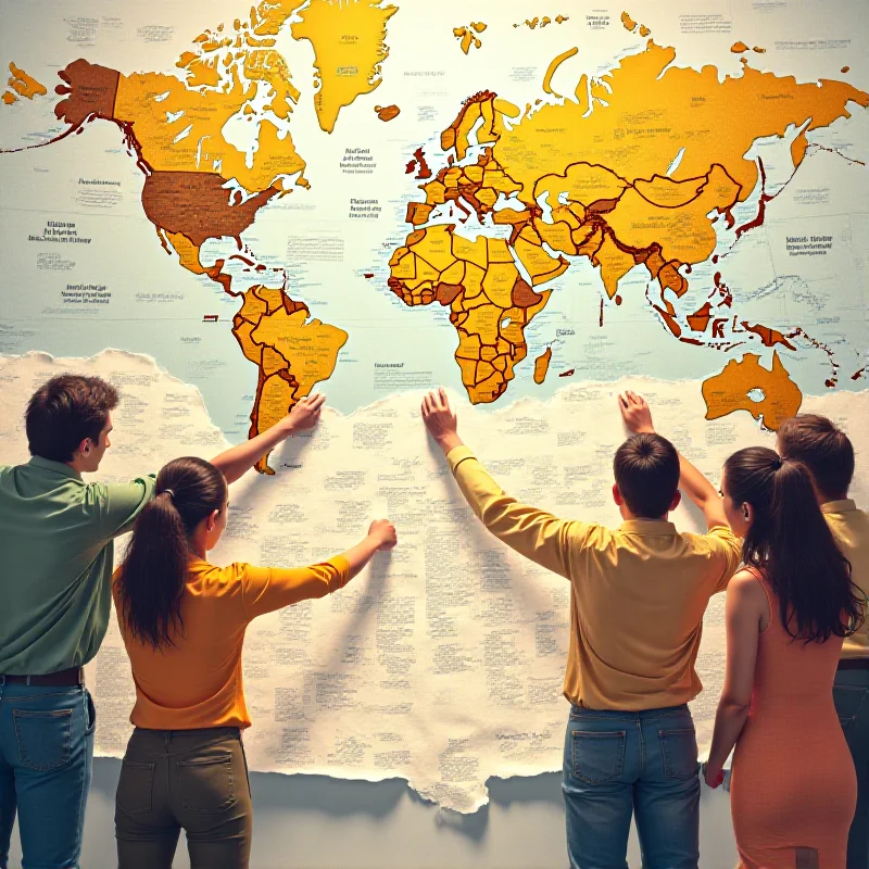 A diverse group of people, representing international cooperation, working together on a map, symbolizing collaboration and problem-solving. The scene is brightly lit and optimistic.