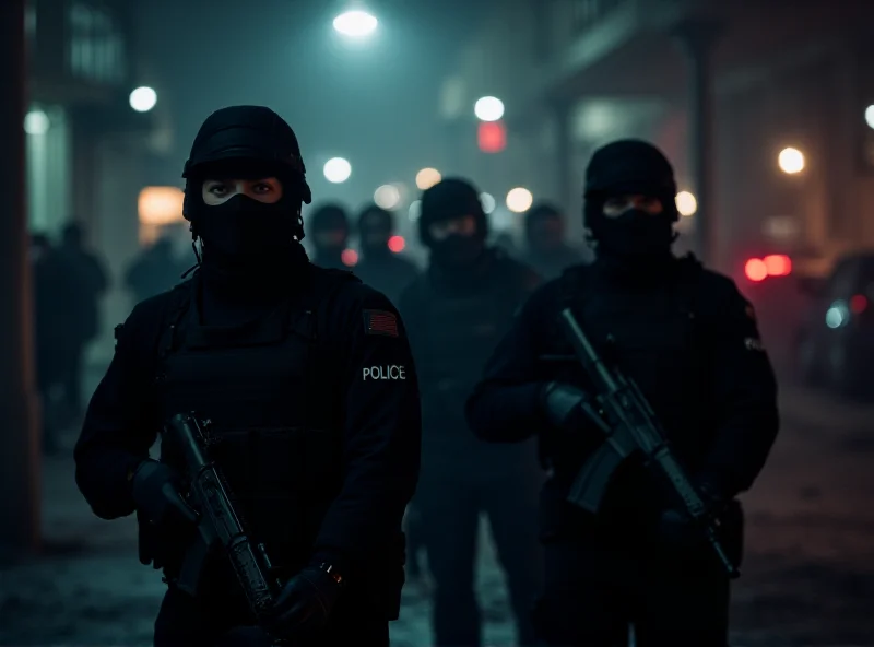 Police officers participating in a raid, wearing tactical gear, in a dimly lit urban environment.