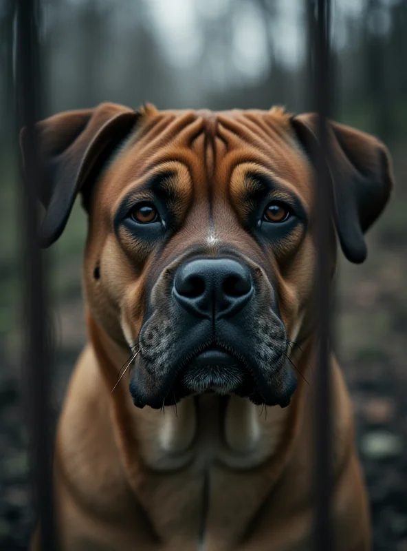 A sad-looking American Bully XL dog behind a fence, with a blurred background, suggesting the dog is in a shelter or confined space.