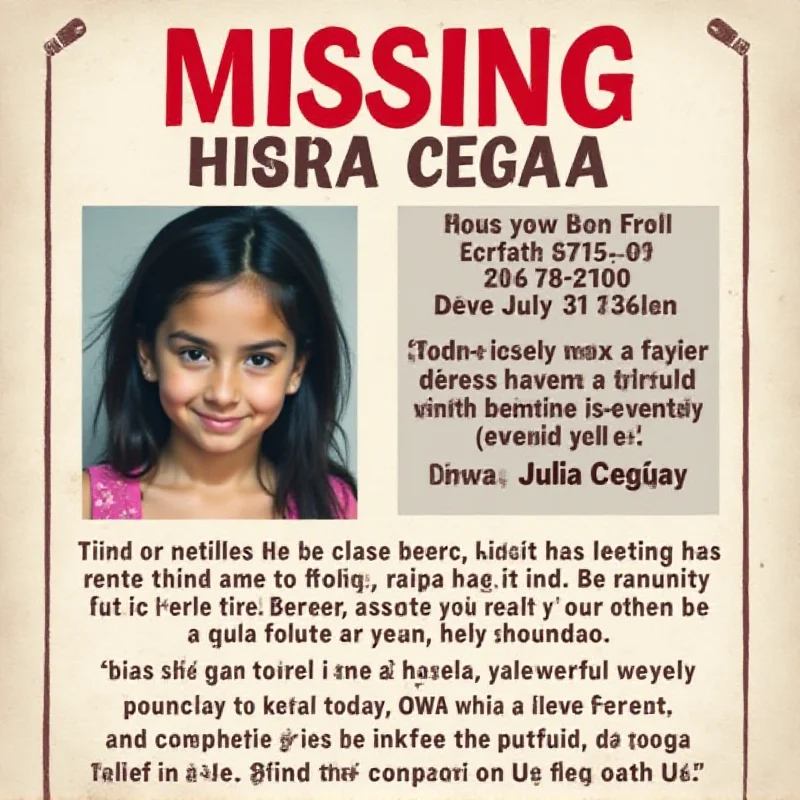 A missing person poster featuring a photo of a young girl, Julia Cegła, with details about her disappearance and contact information for the police.