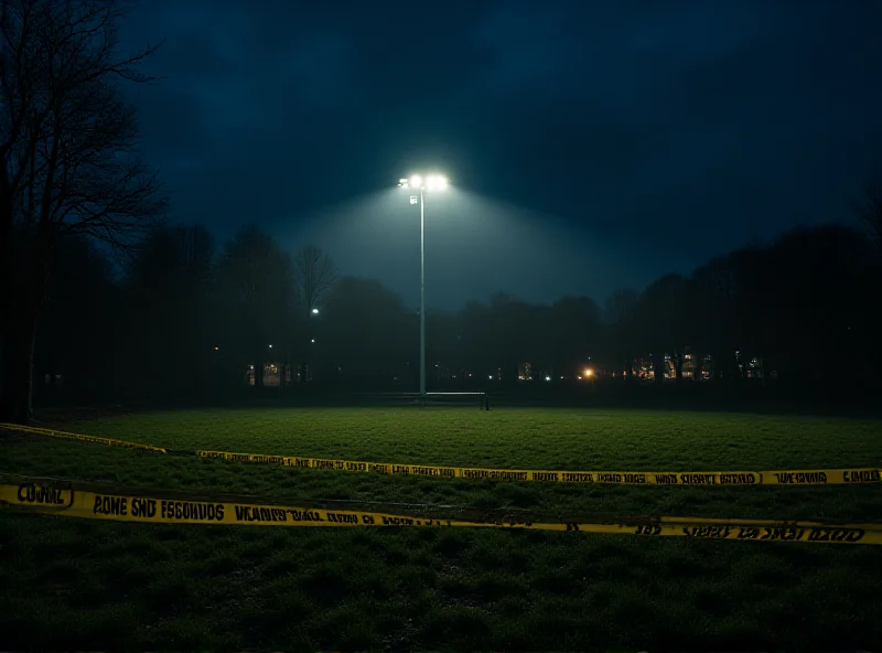 Police investigators at a crime scene on a sports field in Poland. Yellow tape surrounds the area.