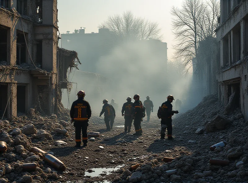 A destroyed residential building in Kharkiv, Ukraine, after a rocket attack, with firefighters searching through the rubble.