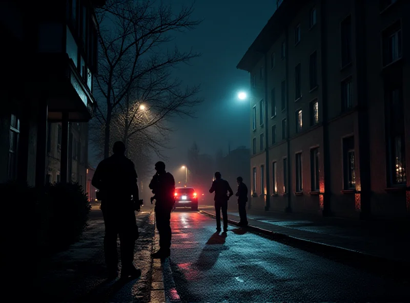 Police investigating a crime scene at night in Warsaw, Poland.