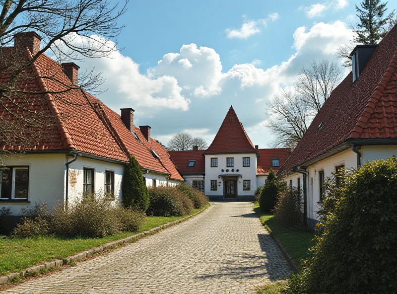 Illustration of a small village with a town hall building