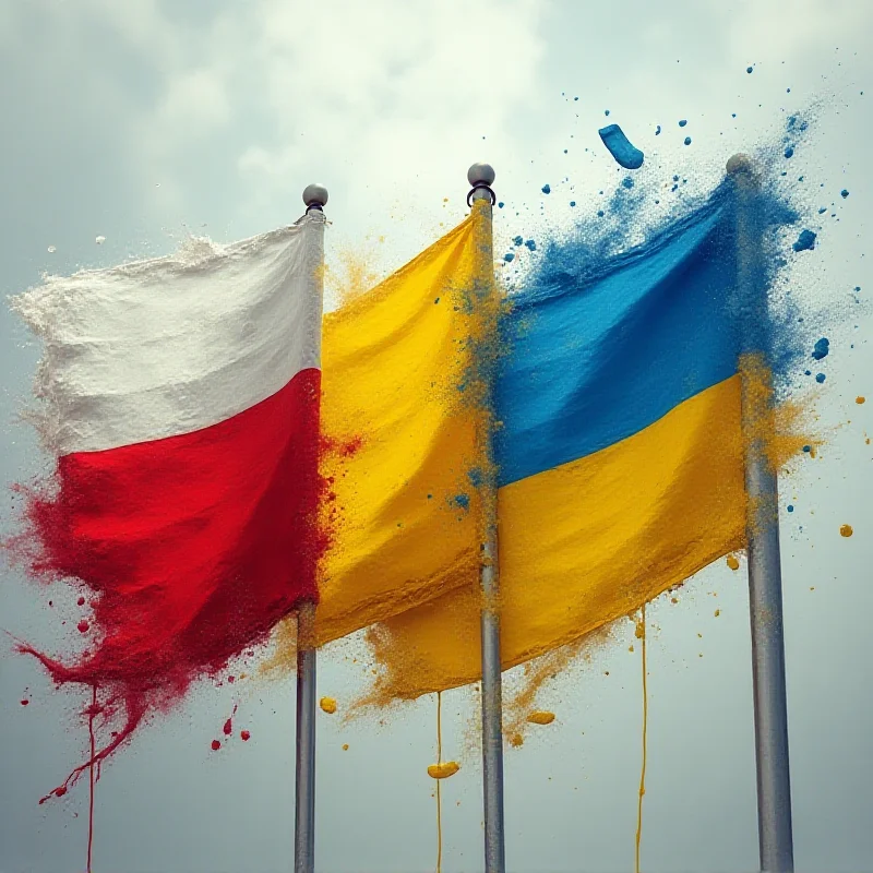 Illustration of the flags of Poland, Ukraine, and the United States intertwined and wavering in the wind