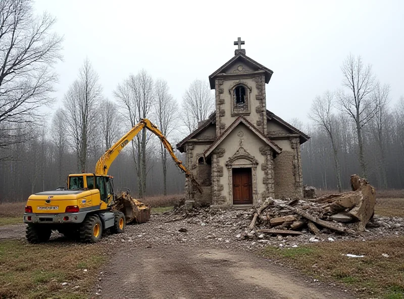 A damaged chapel with construction equipment nearby.