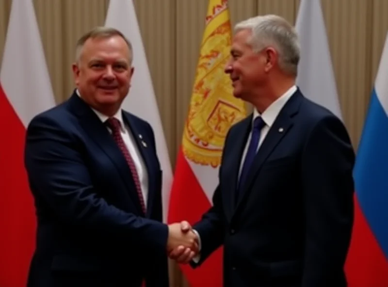 A handshake between a Polish and Uzbek official in front of their respective flags.