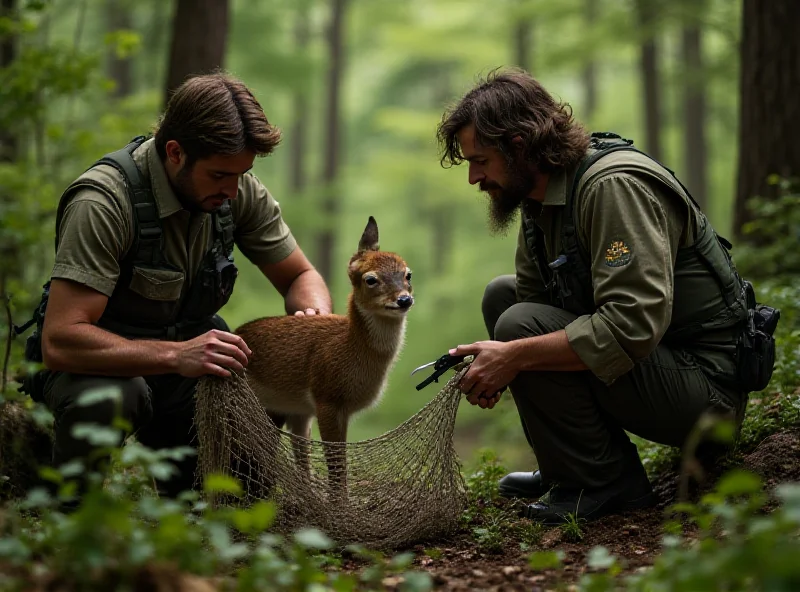 Forest rangers carefully cutting a net to free a young deer. The deer looks scared but relieved.