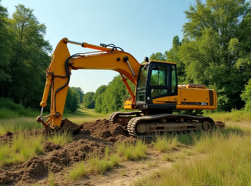 An excavator sitting in a field, possibly the recovered stolen excavator. The surrounding landscape is rural.