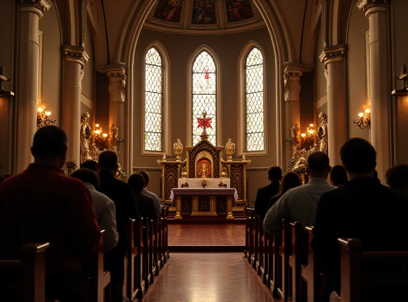 The interior of a church in Poland during mass, with people placing donations in a collection plate.