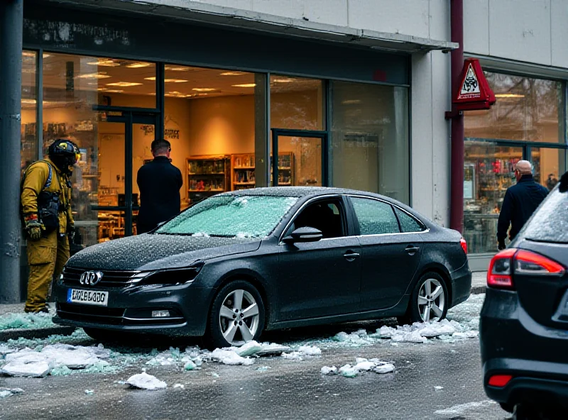 Image of a damaged storefront with a car crashed into it, representing the accident in Stare Oborzyska.