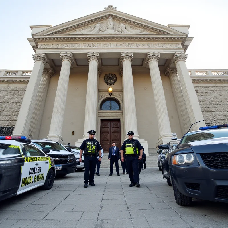 Image of a courthouse with security personnel, representing the trial of Bartłomiej B.