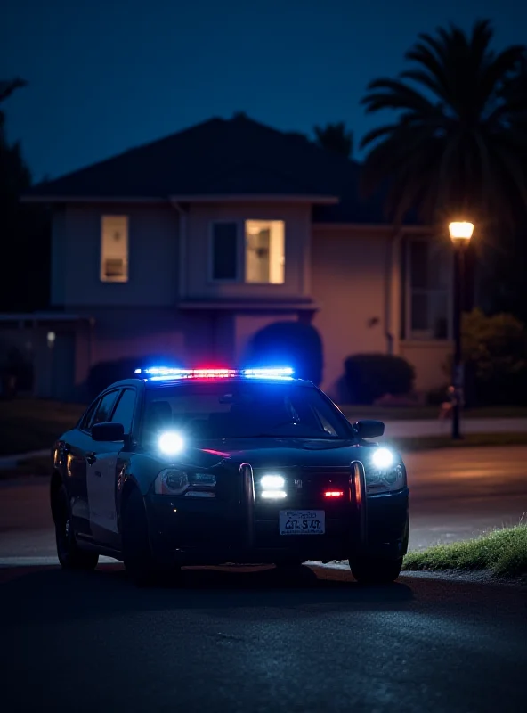 Police car parked outside a house at night