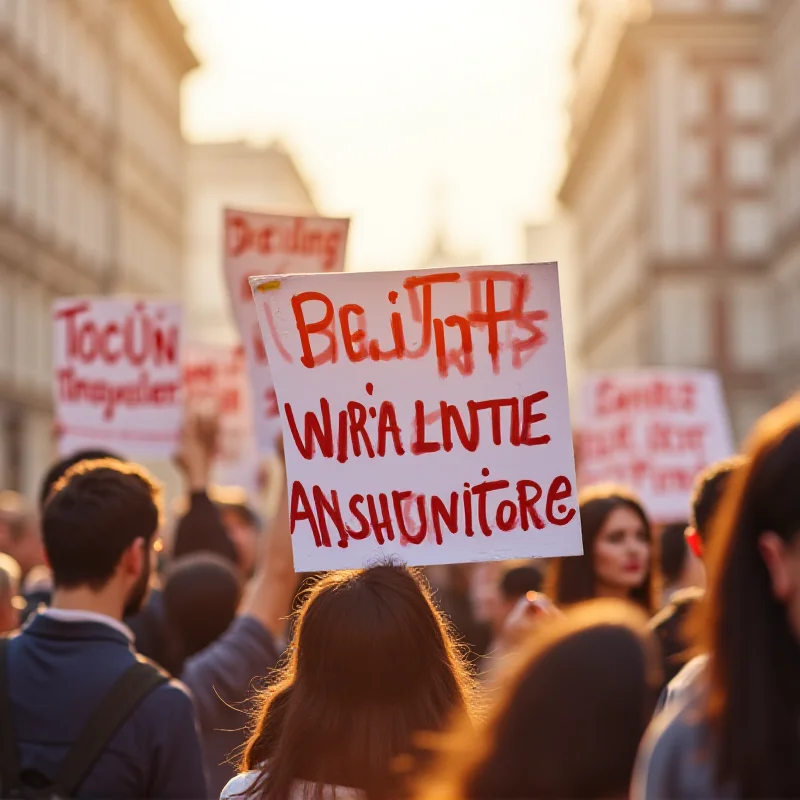 Crowd protesting with signs demanding justice.