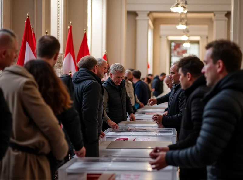 Polling station in Krakow, Poland with people casting their votes, Polish flag visible.