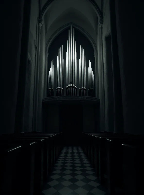 A dark and foreboding image of an organ in a church, symbolizing the allegations of abuse. The lighting is dramatic and unsettling.