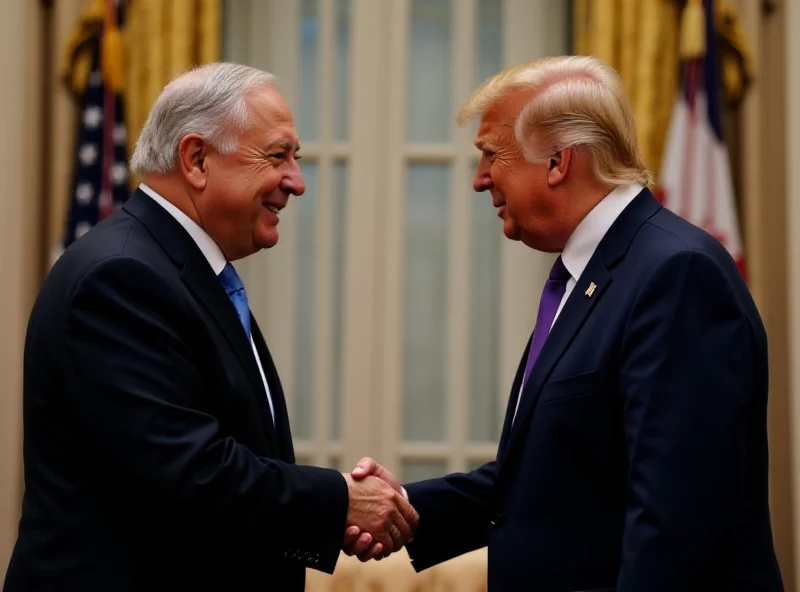 Image of Benjamin Netanyahu shaking hands with Donald Trump in the Oval Office, a display of diplomatic relations between Israel and the United States.