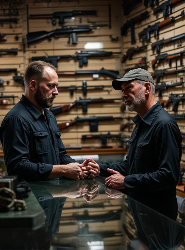 Image depicting a gun shop with various firearms displayed on the wall.